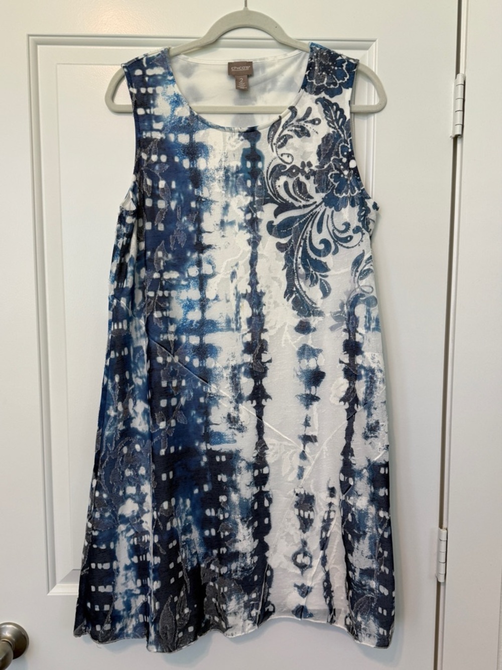 Chico's Blue and White Sleeveless Fully Lined Dress Large Chicos 2 Excellent